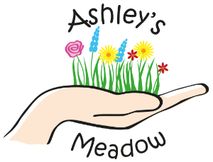 graphic of a hnd holding flowers and the words ashleys meadow